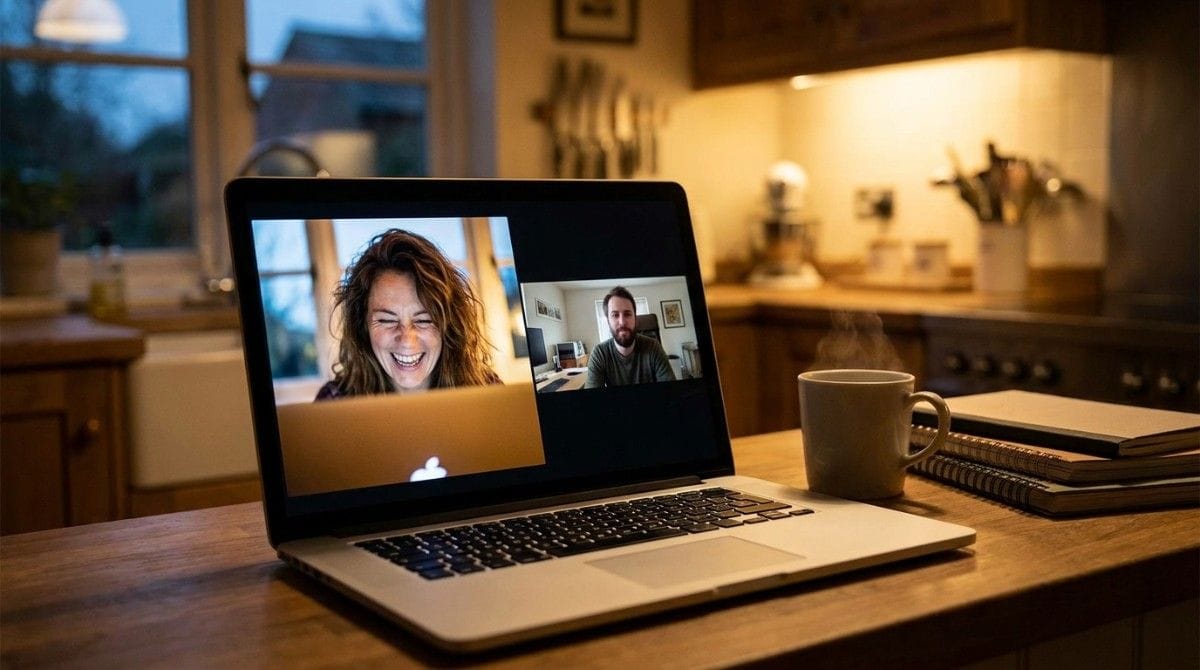 Laptop displaying a video call between two people in separate homes on a kitchen counter with a coffee mug nearby.