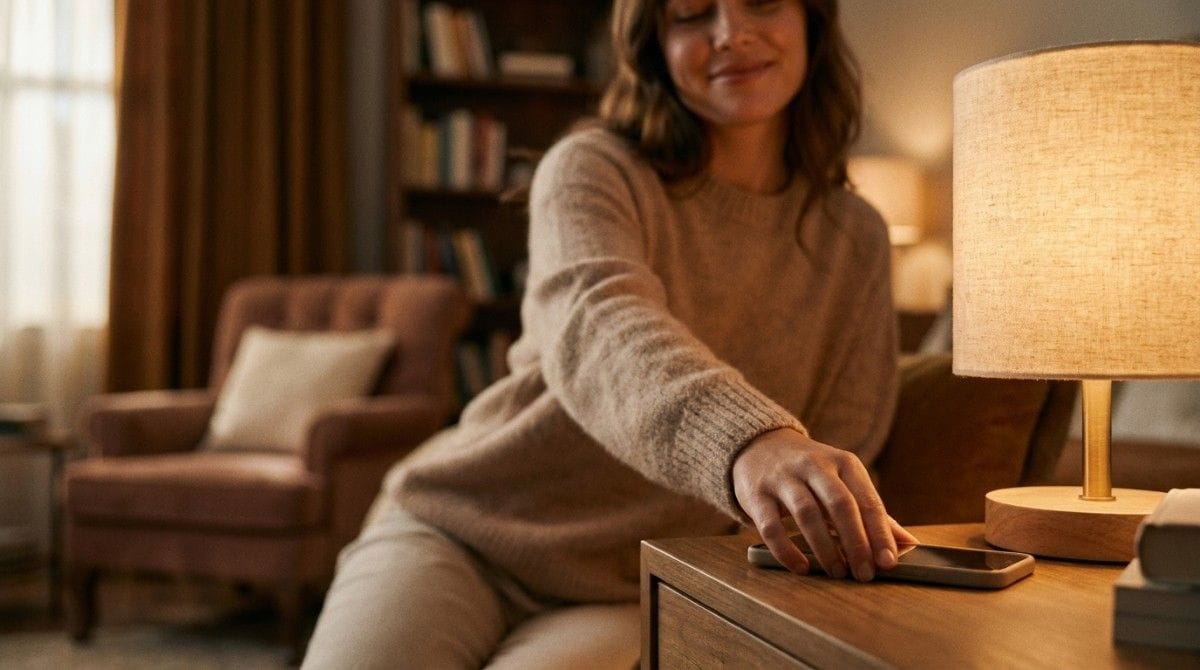 Woman placing her smartphone on a bedside table beside a lamp as part of a bedtime routine.