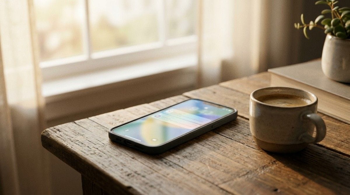 Smartphone resting on a wooden table beside a cup of coffee near a bright window.