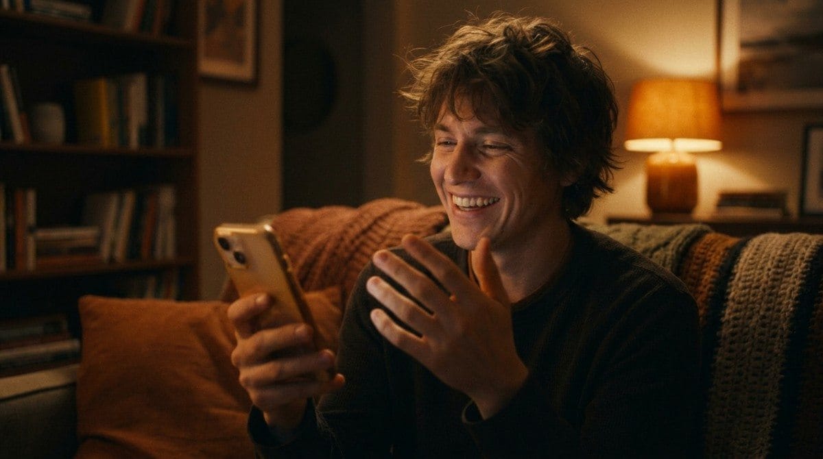 Man smiling and using his smartphone while sitting on a cozy couch at home.
