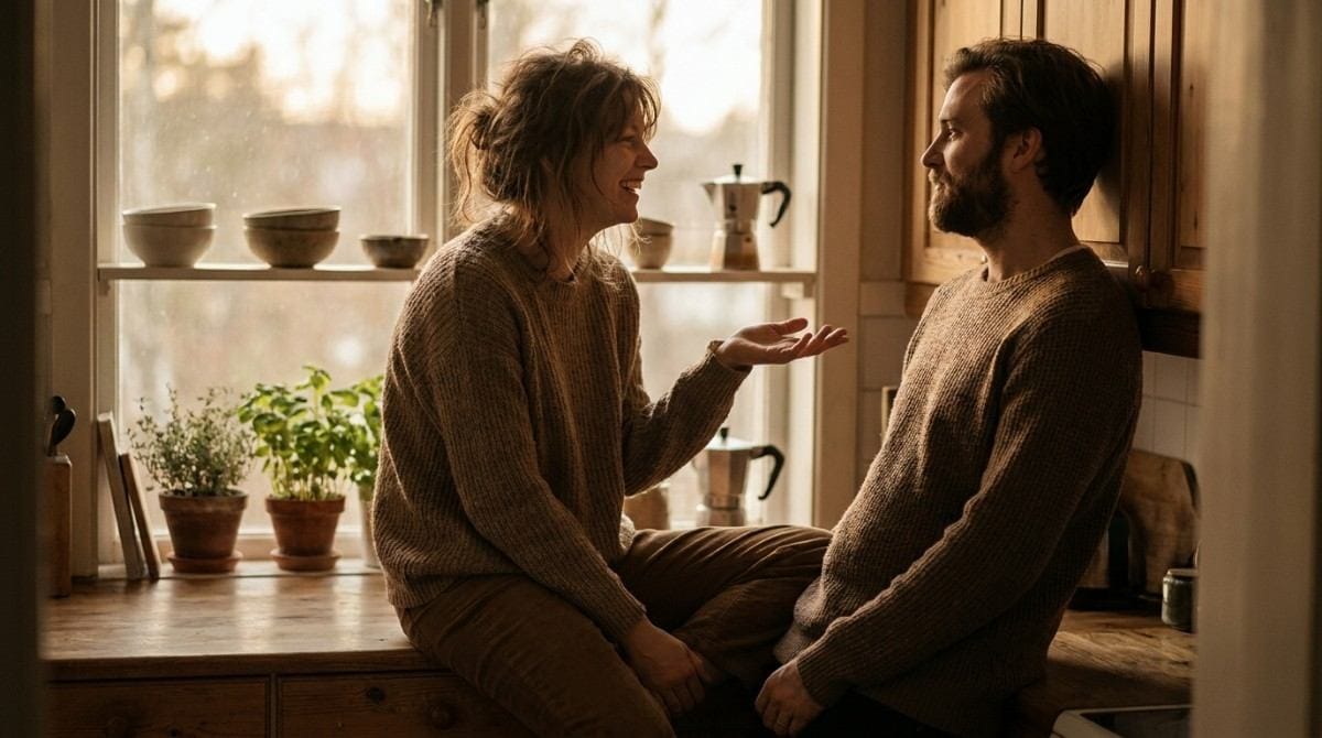 Couple sitting together in a cozy kitchen and talking with each other.