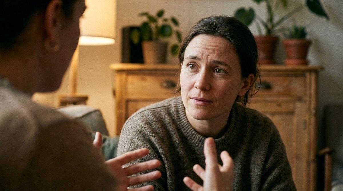Woman listening attentively to another person during a conversation at home.