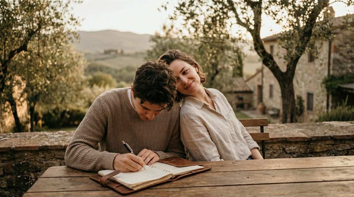 Couple sitting at a wooden table outdoors as one person writes in a notebook.