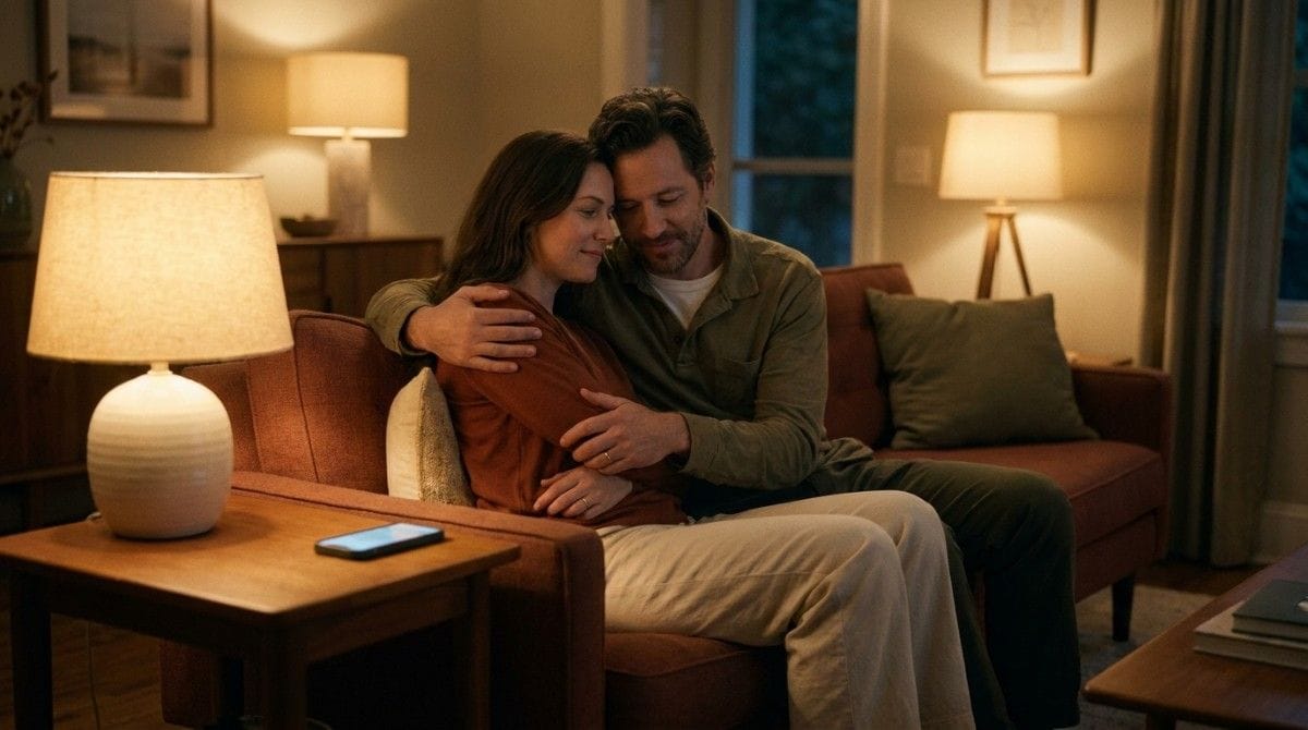 Couple sitting closely on a sofa and embracing in a warmly lit living room.