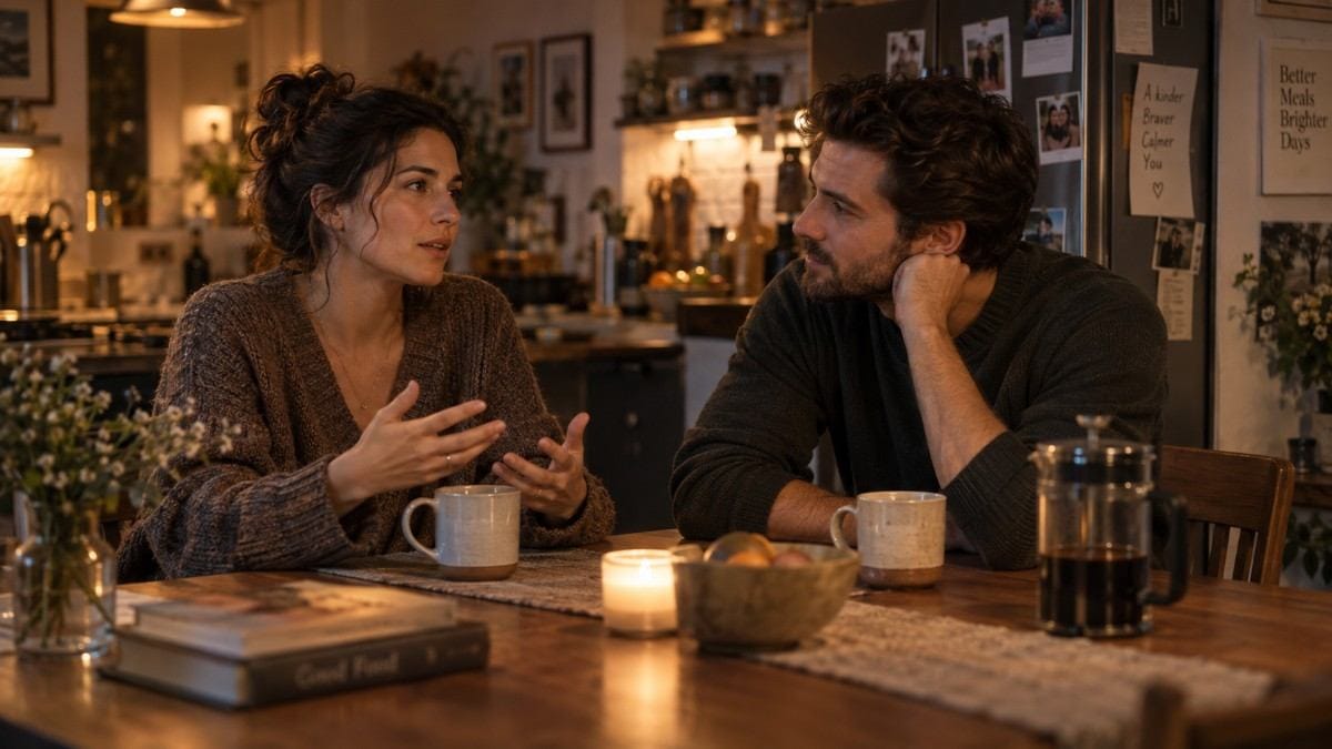 Couple having a heartfelt conversation over coffee at a cozy kitchen table.