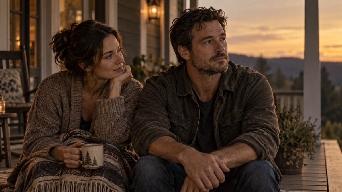 Couple sitting together on a porch at sunset, enjoying a quiet moment with mugs and a scenic view.
