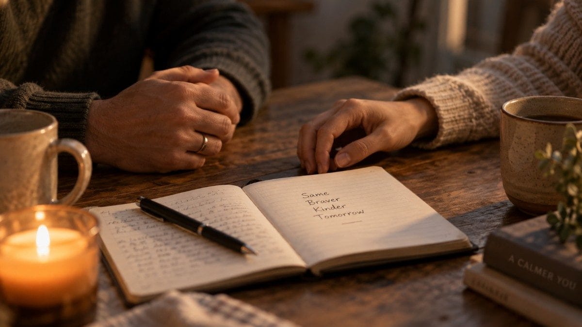 Couple sitting at a wooden table beside an open journal with mugs and candlelight.