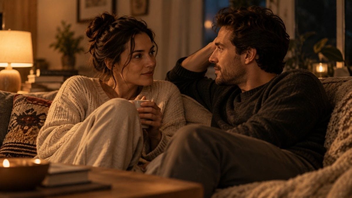 Couple relaxing together on a couch in a warmly lit living room with mugs and blankets.
