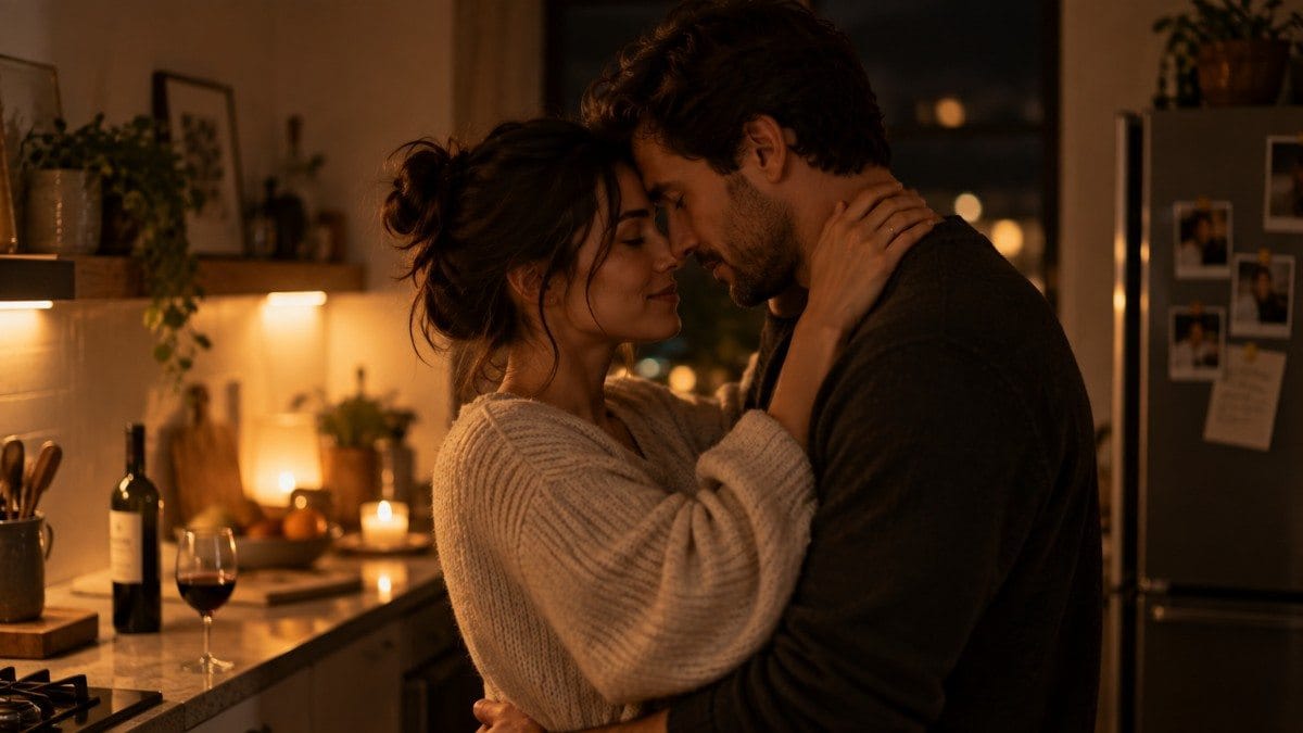 Couple embracing in a warmly lit kitchen during an intimate evening at home.