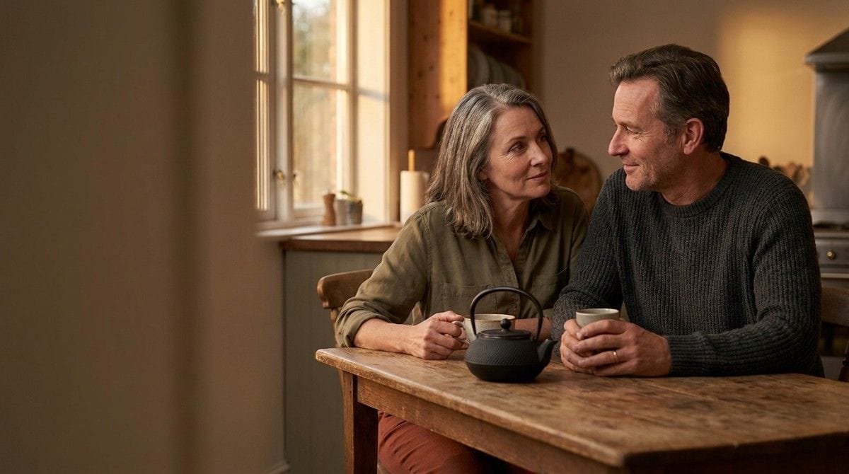 Middle-aged couple sitting together at a wooden table, holding cups and talking in a cozy home.