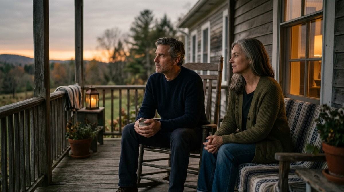 Couple standing close together in a warmly lit kitchen and sharing an affectionate moment.