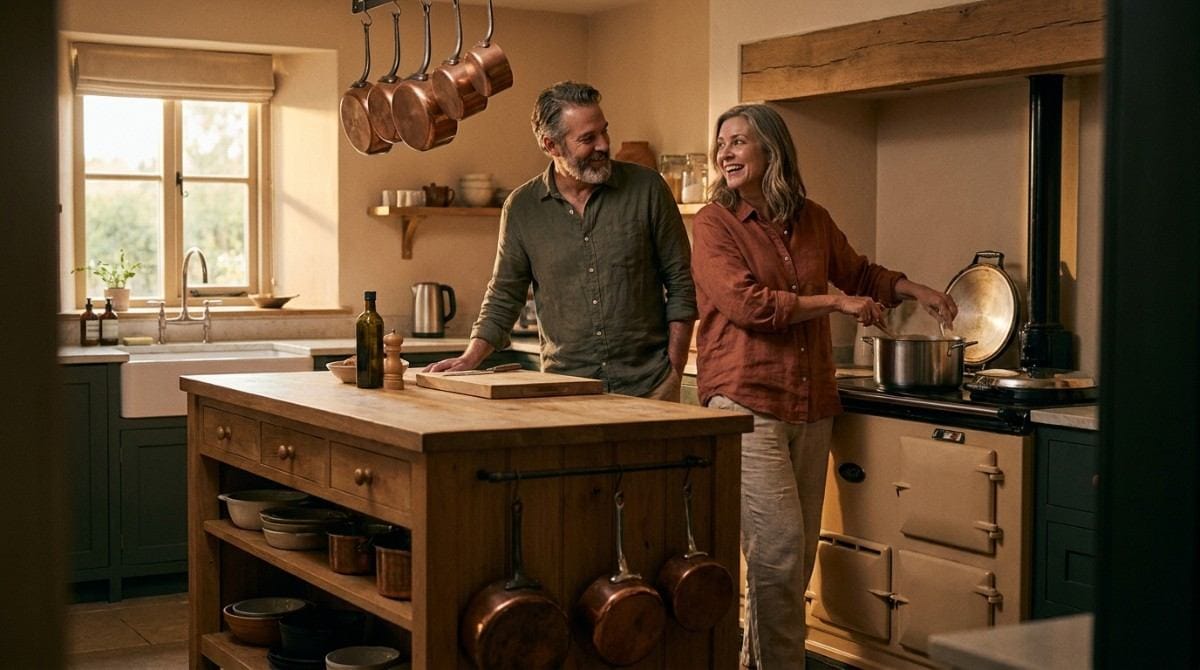 Middle-aged couple smiling and preparing food together in a cozy kitchen.