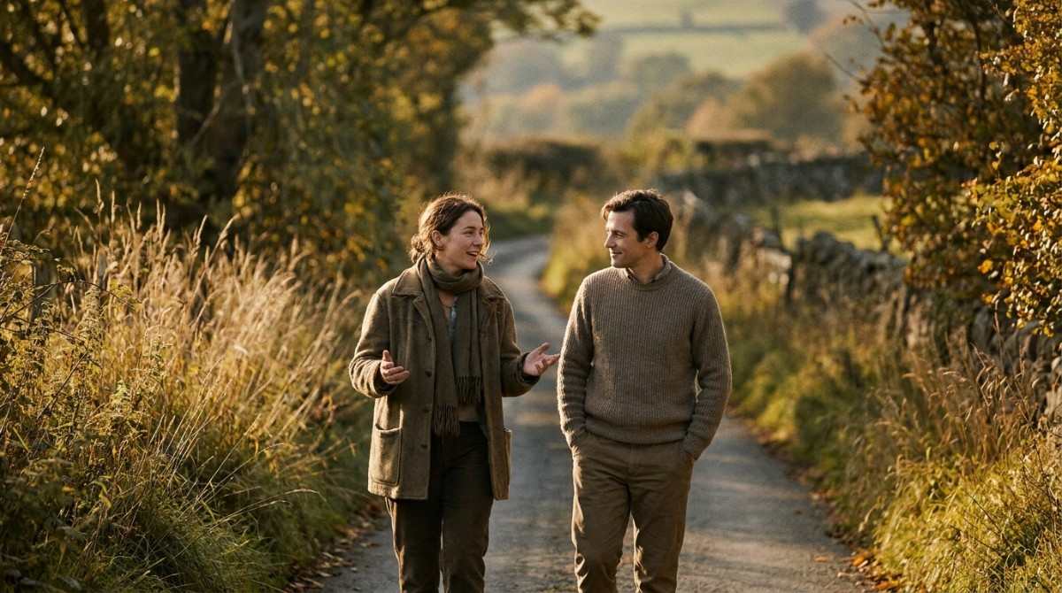 Couple walking and talking along a country path surrounded by autumn trees and tall grass.