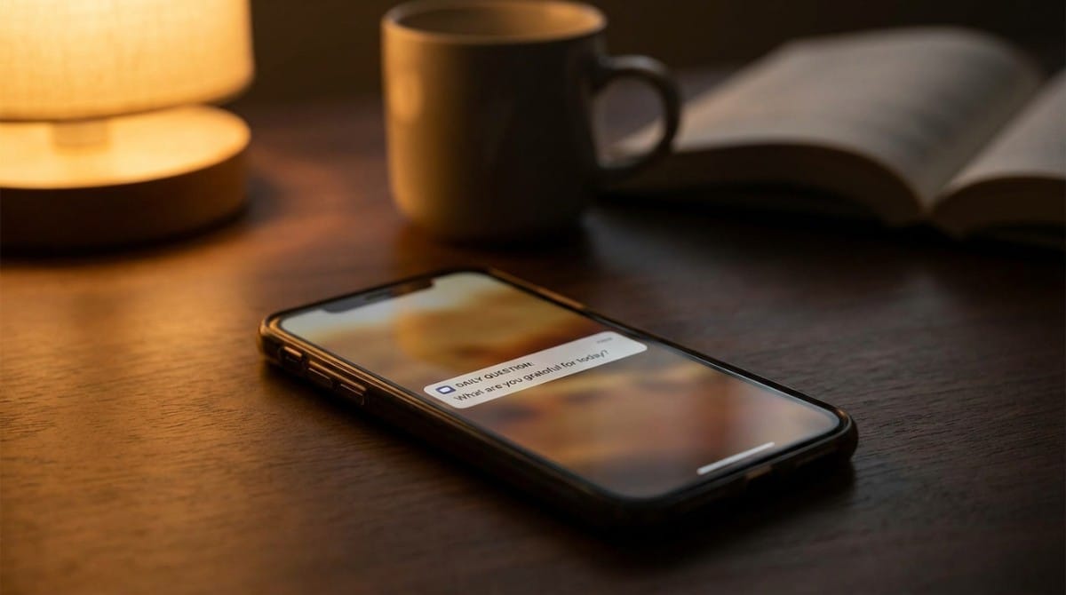 Smartphone displaying a daily question notification on a warmly lit table beside a coffee mug and open book.