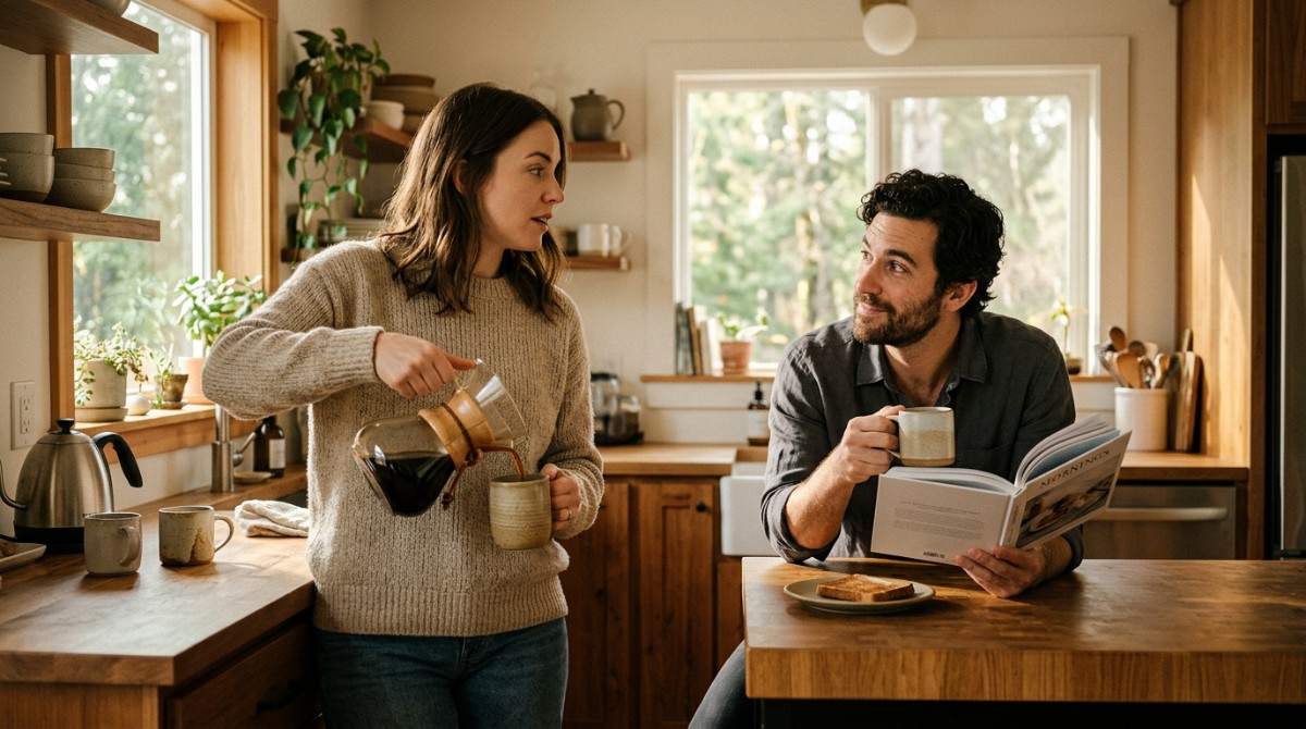 Couple talking together in a warm kitchen while one person pours coffee and the other reads at the counter.