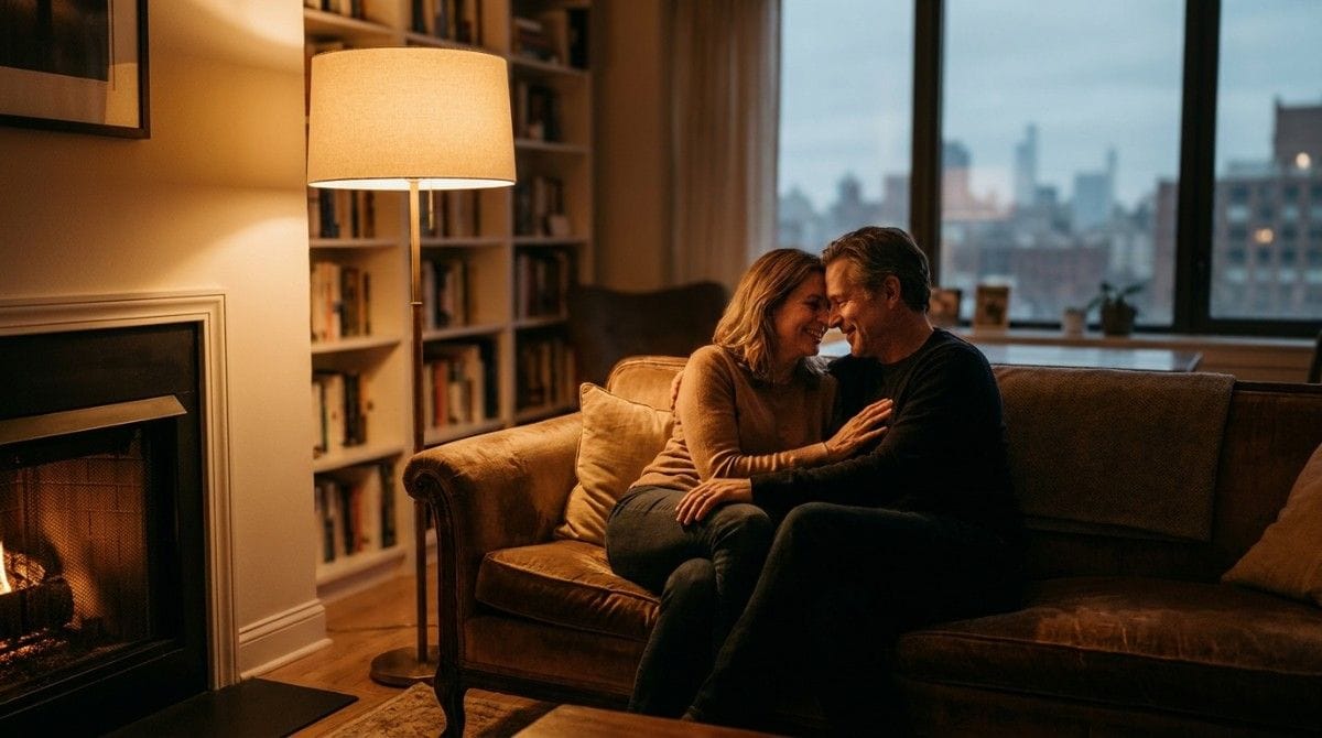 Couple sitting closely together on a sofa in a warmly lit living room beside a fireplace.