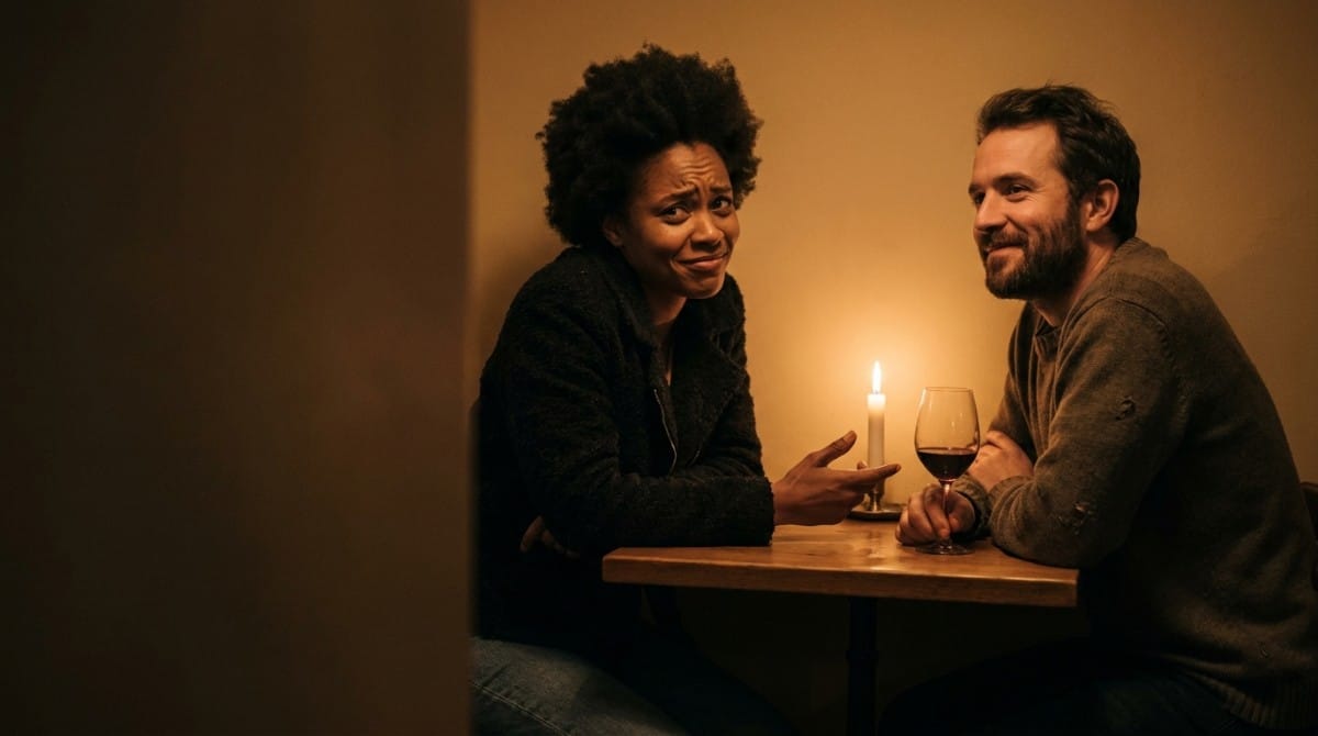 Couple talking at a small restaurant table with a candle and wine glass.