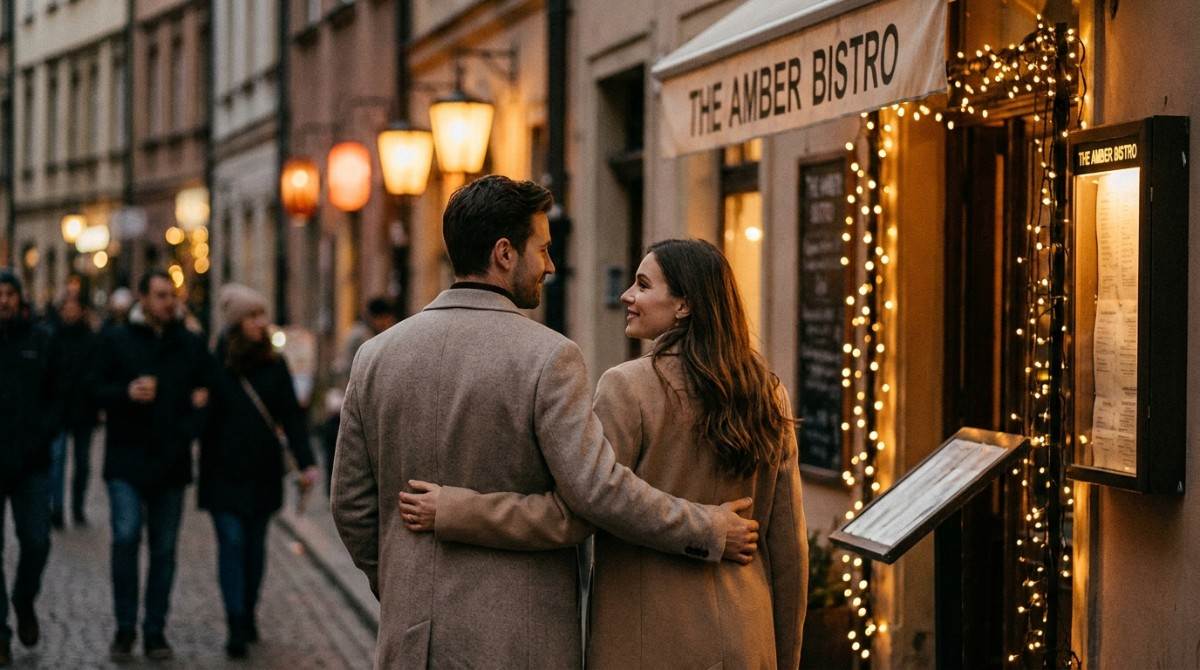 Couple in coats walking arm in arm toward a warmly decorated bistro on a city street.