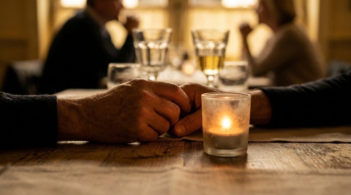 Two people resting their hands together on a wooden restaurant table beside a lit candle.