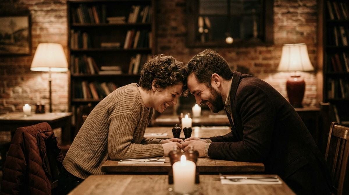 Couple leaning toward each other and holding hands across a candlelit table in a rustic restaurant.