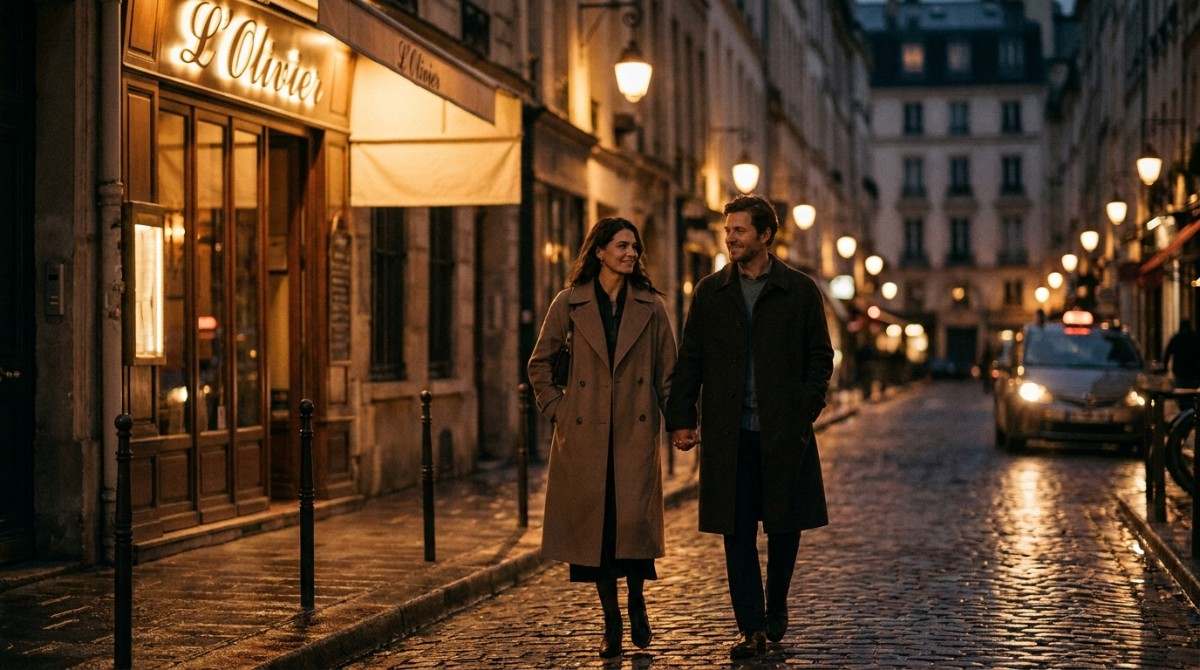 Couple in coats walking hand in hand along a wet cobblestone street at dusk.