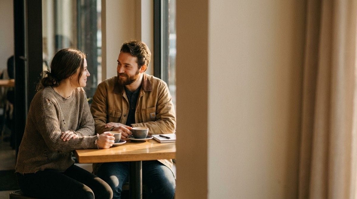 A couple sits at a wooden café table with coffee cups, looking at each other in a warmly lit interior.