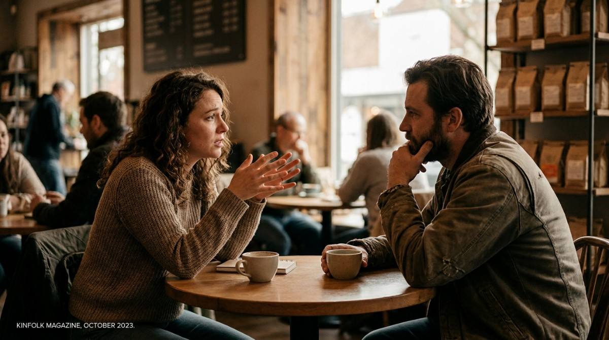 A woman gestures while talking to a bearded man seated across from her at a café table with two cups of coffee.