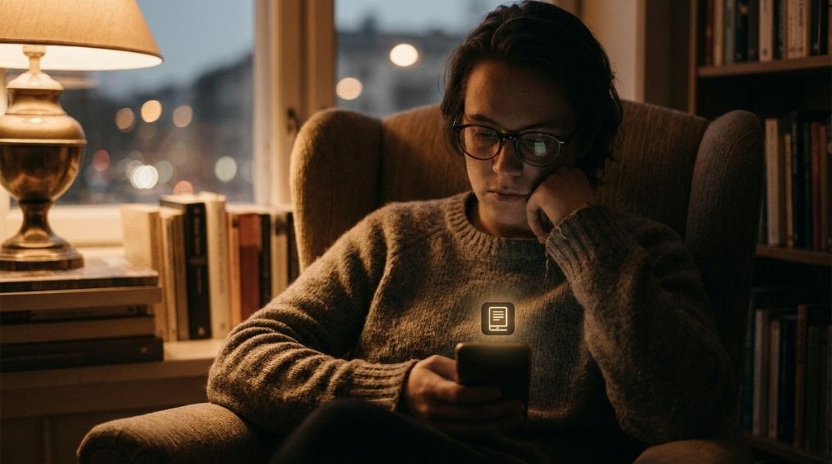 A person wearing glasses and a knit sweater sits in an armchair using a smartphone beside a lamp and bookshelves.