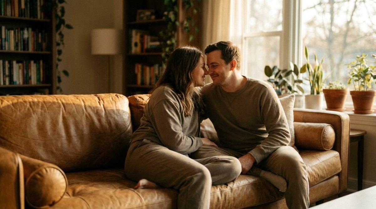 A couple sits closely together on a leather sofa, smiling at each other in a warmly lit living room.