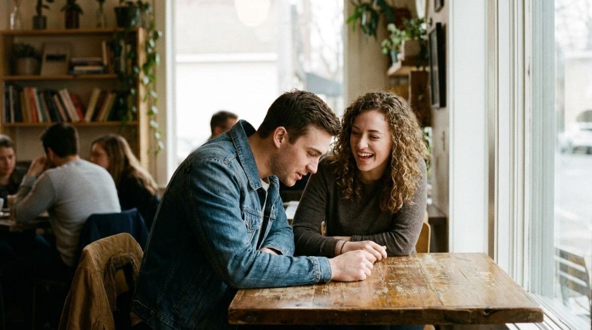 Couple enjoying conversation together at a cozy cafe table