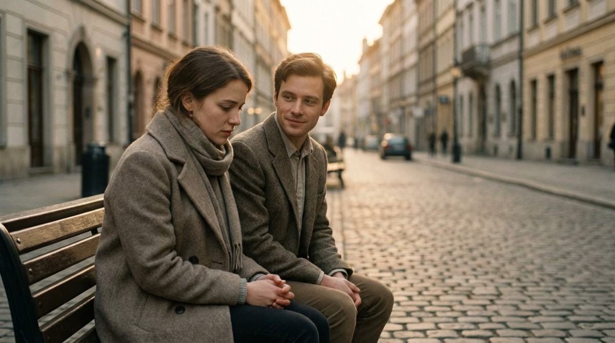 Couple sitting together on a bench on a quiet cobblestone city street