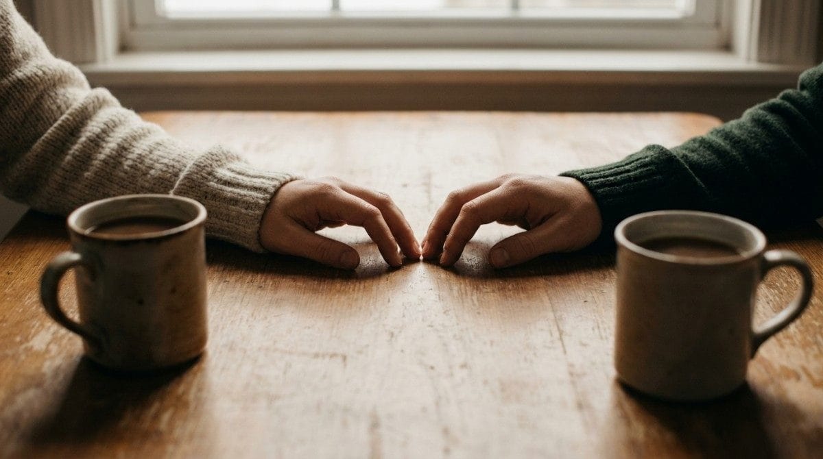 Couple touching hands across a wooden table beside two cups of coffee