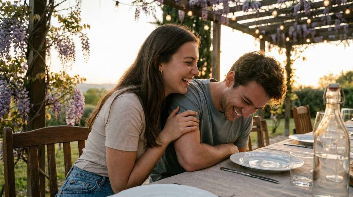 Couple laughing together during an outdoor dinner at sunset