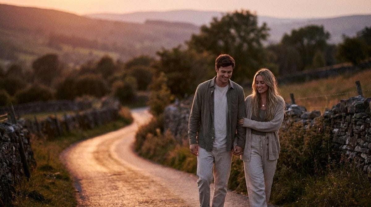 Couple walking hand in hand along a countryside road at sunset