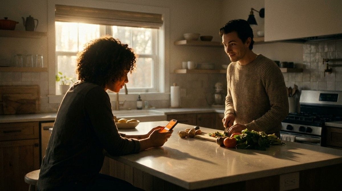 Couple spending time together in the kitchen while preparing food and looking at a phone.