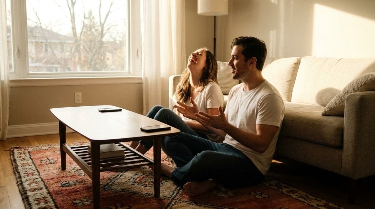 Couple laughing and talking together on the floor beside a coffee table in a bright living room.