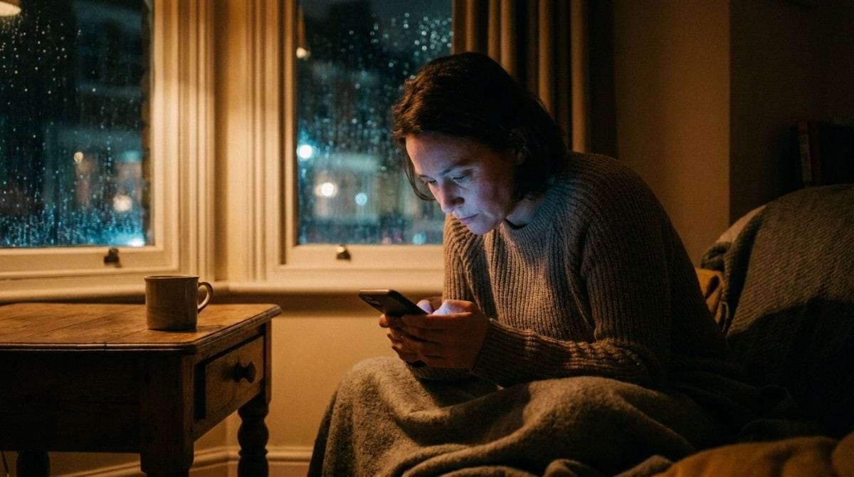 Woman sitting under a blanket and using her smartphone beside a window on a rainy evening.