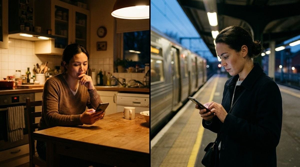 Woman checking her phone in a kitchen and on a train platform.