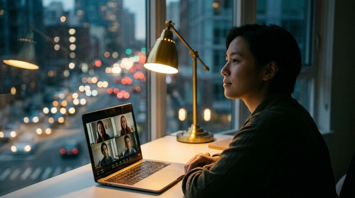 Woman attending a video call on a laptop beside a city window.