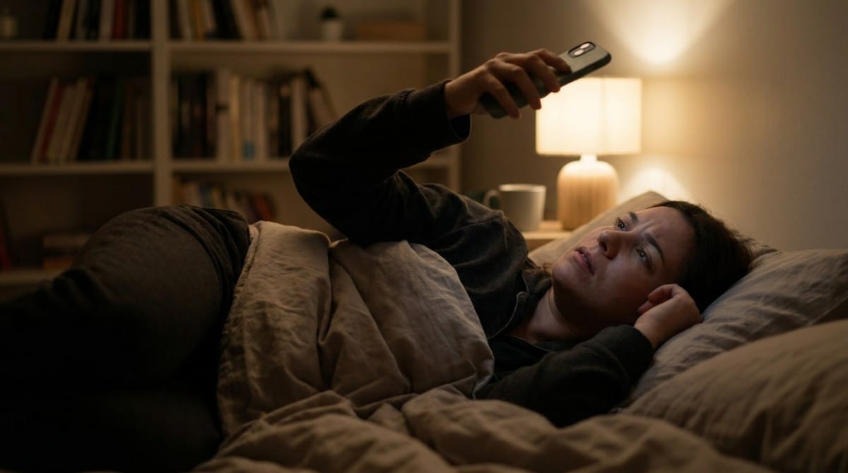 Woman lying in bed and checking her phone at night.