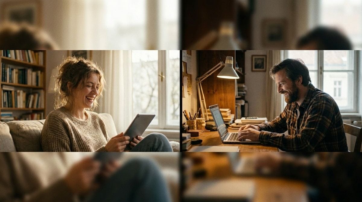 Woman using a tablet and man working on a laptop at home.