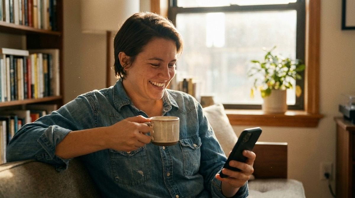 Woman drinking coffee while checking her phone at home.