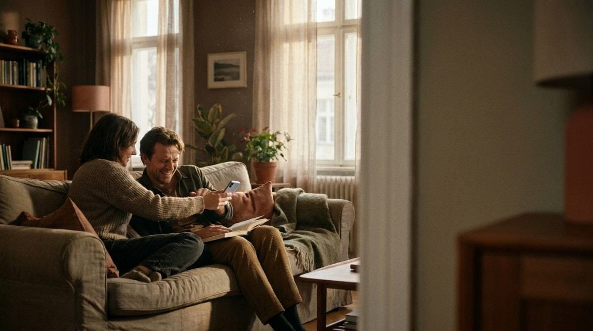 Couple sitting together on a sofa, laughing while looking at a smartphone in a cozy living room.