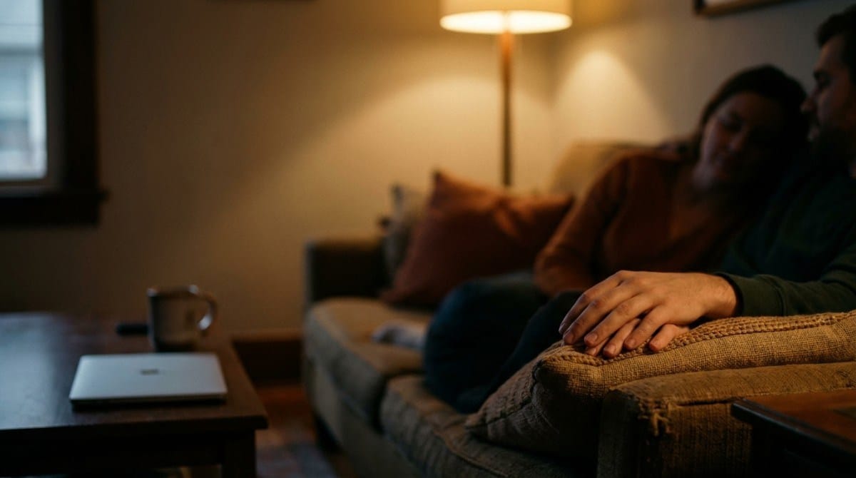 Couple sitting closely on a sofa in a warmly lit living room, sharing a quiet moment of intimacy.