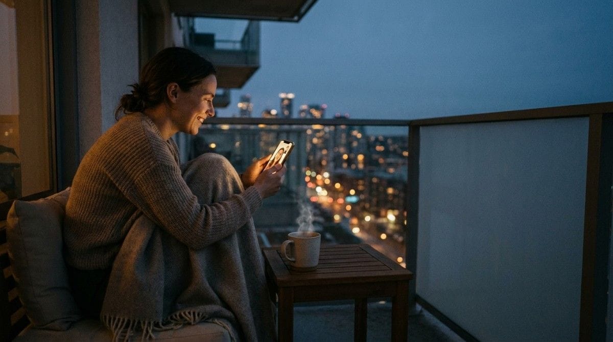 Woman smiling at her smartphone during a video call on her apartment balcony overlooking city lights at dusk.