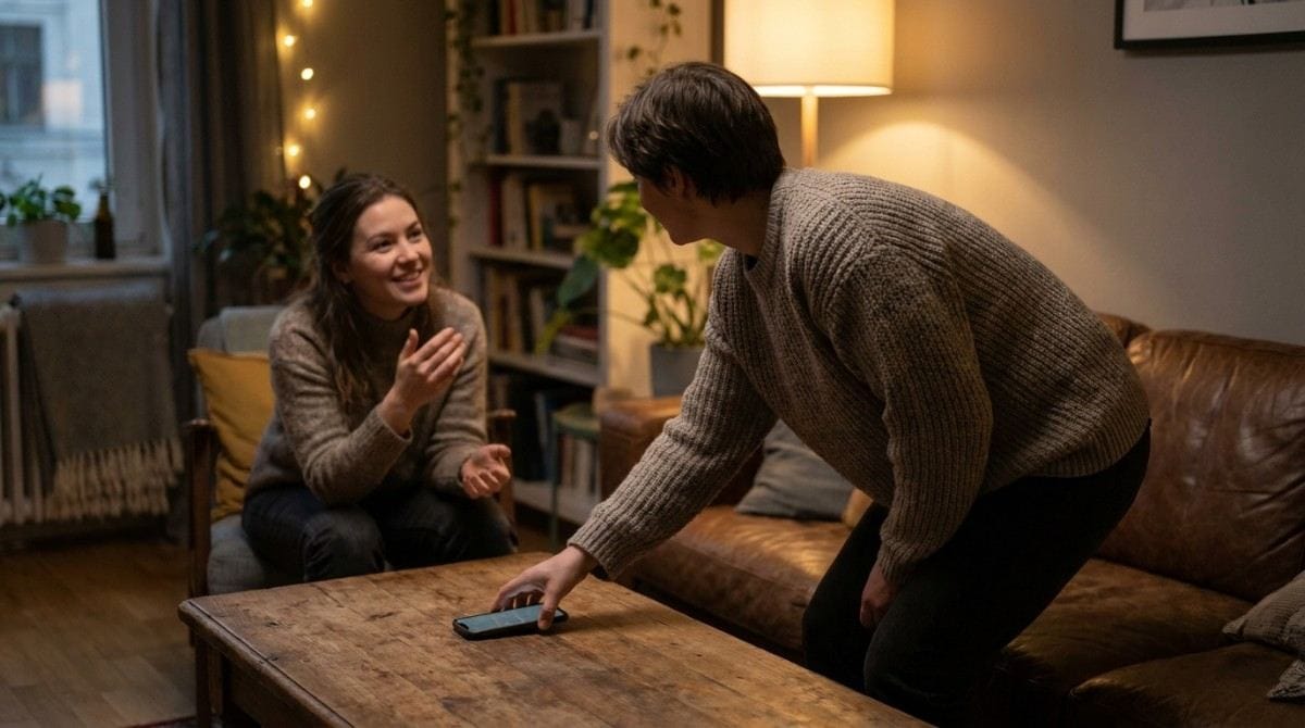 Couple talking face-to-face in a living room as the man places his smartphone on the coffee table.