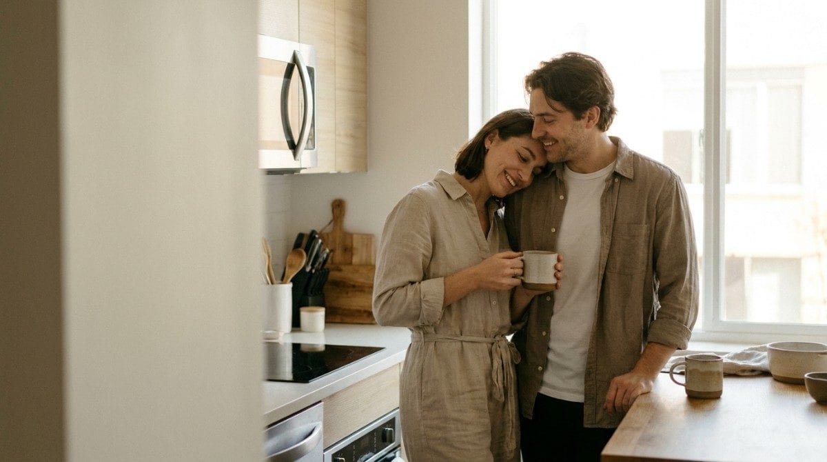 Couple standing together in a bright kitchen, sharing a tender moment while holding a coffee mug.