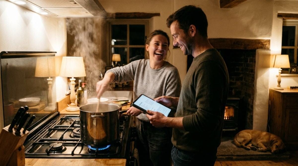 Couple laughing together while preparing a meal in a cozy kitchen, with one partner following a recipe on a tablet.