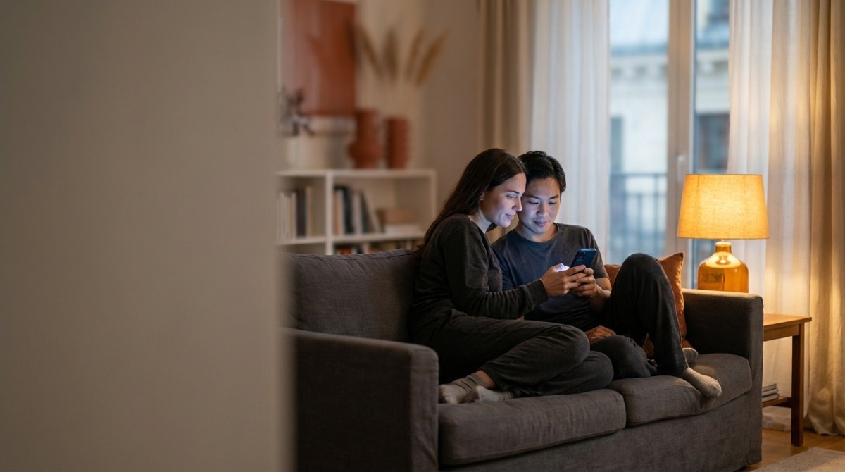 Couple sitting on couch together looking at smartphone, smiling and bonding in a relaxed home environment.