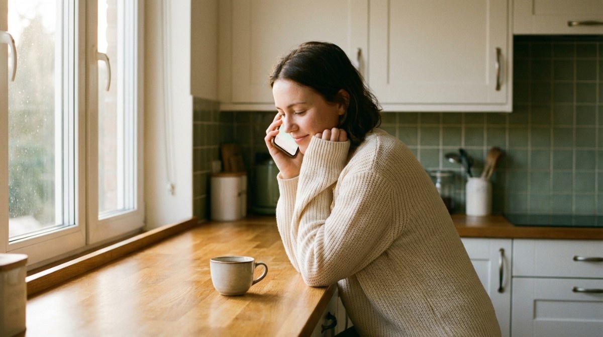 Woman leaning on kitchen counter talking on smartphone with coffee mug nearby in a cozy home setting.